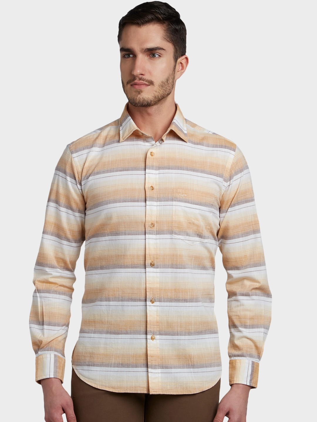 

ColorPlus Men Yellow & Off-White Tailored Fit Striped Casual Shirt
