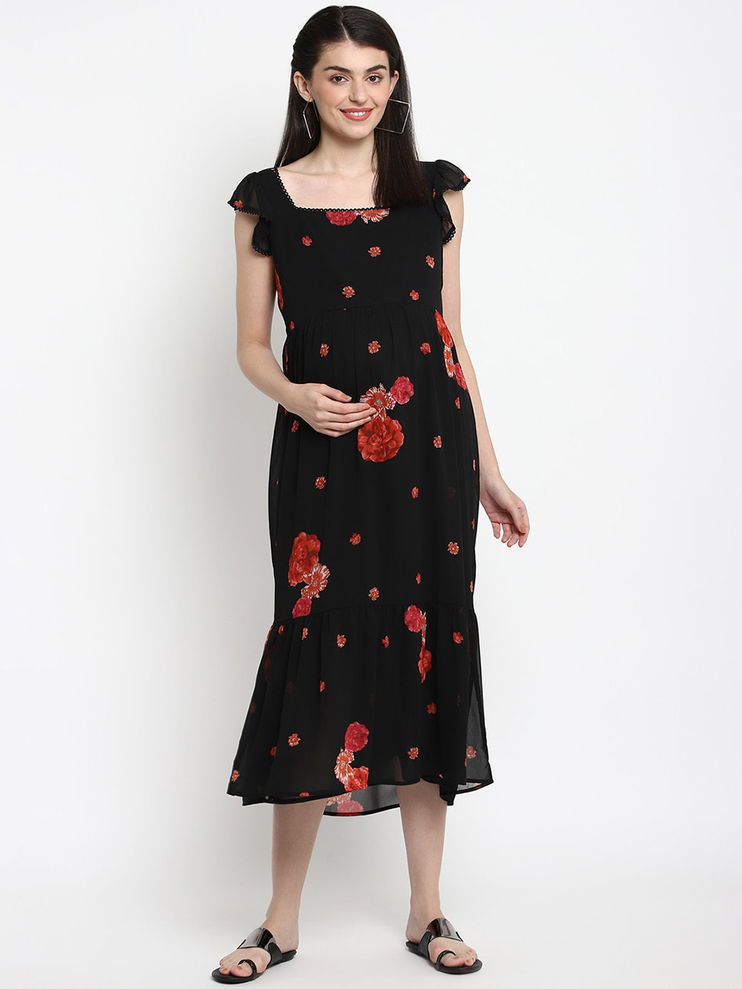 

The Vanca Women Black Printed A-Line Maternity Dress