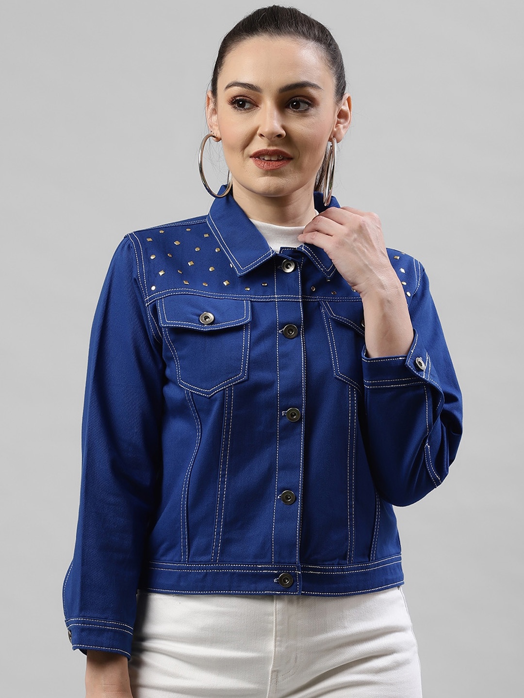 KASSUALLY Women Blue Solid Denim Jacket