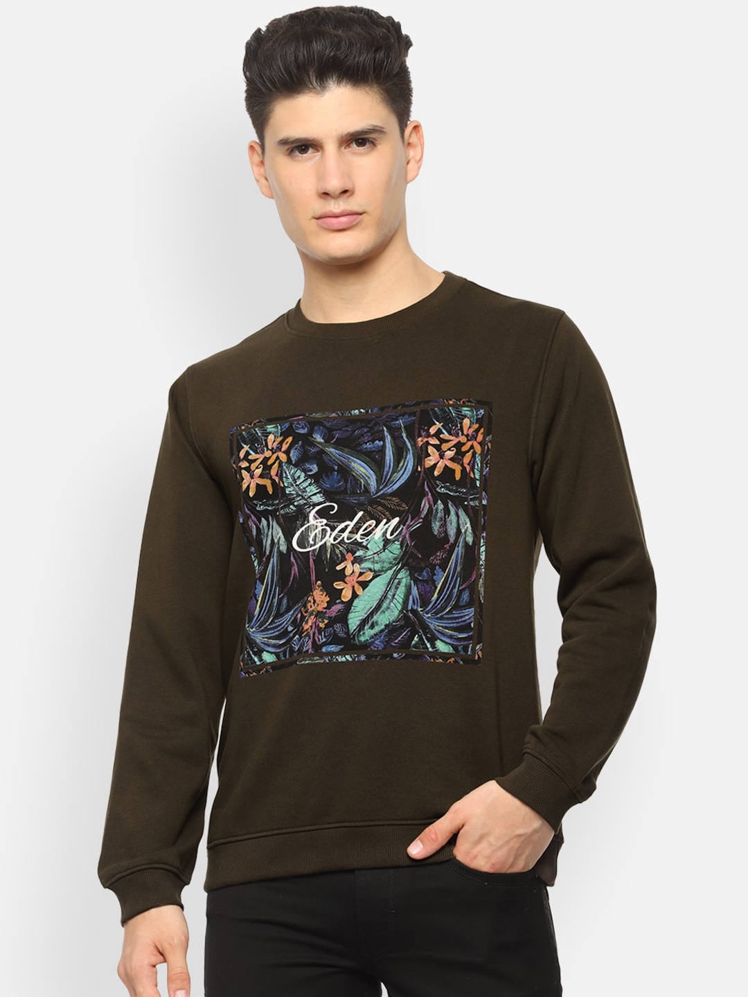 

V Dot Men Brown Printed Sweatshirt