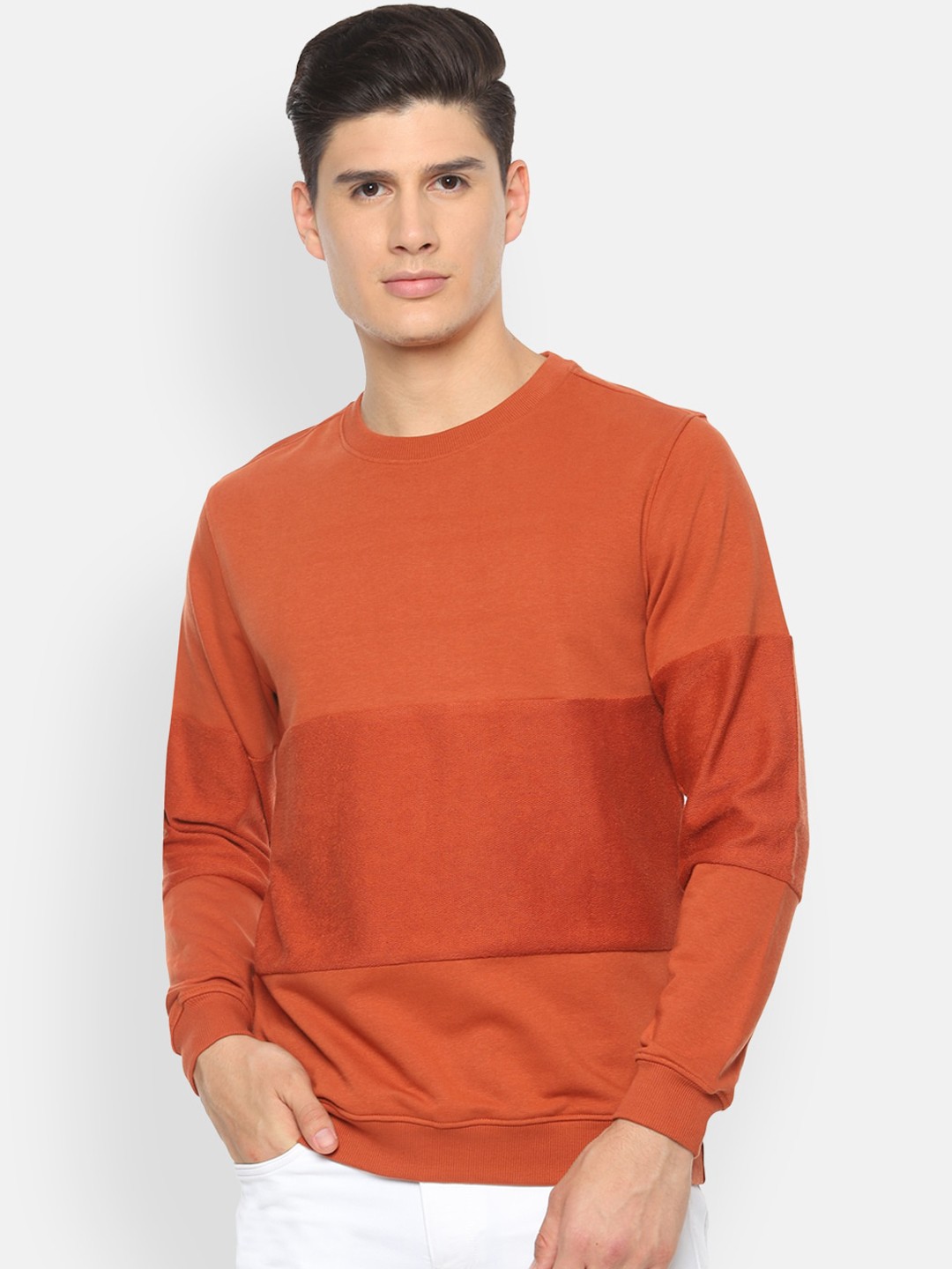 

V Dot Men Orange Solid Sweatshirt