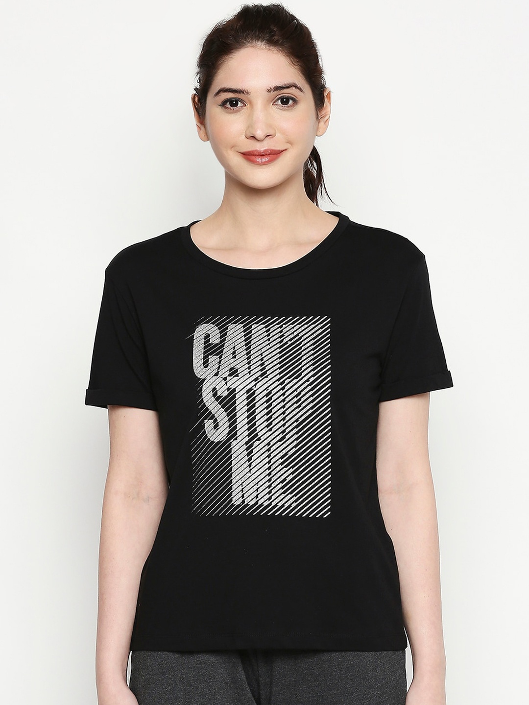 

Ajile by Pantaloons Women Black Printed Round Neck T-shirt