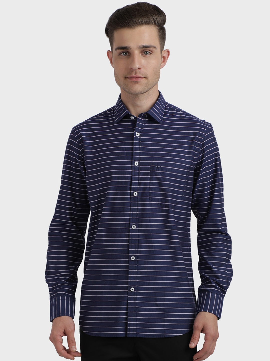 

ColorPlus Men Navy Blue & White Regular Fit Striped Casual Shirt