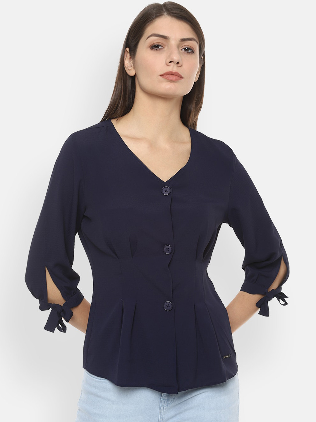 

Van Heusen Woman Women Navy Blue Solid Cinched Waist Top