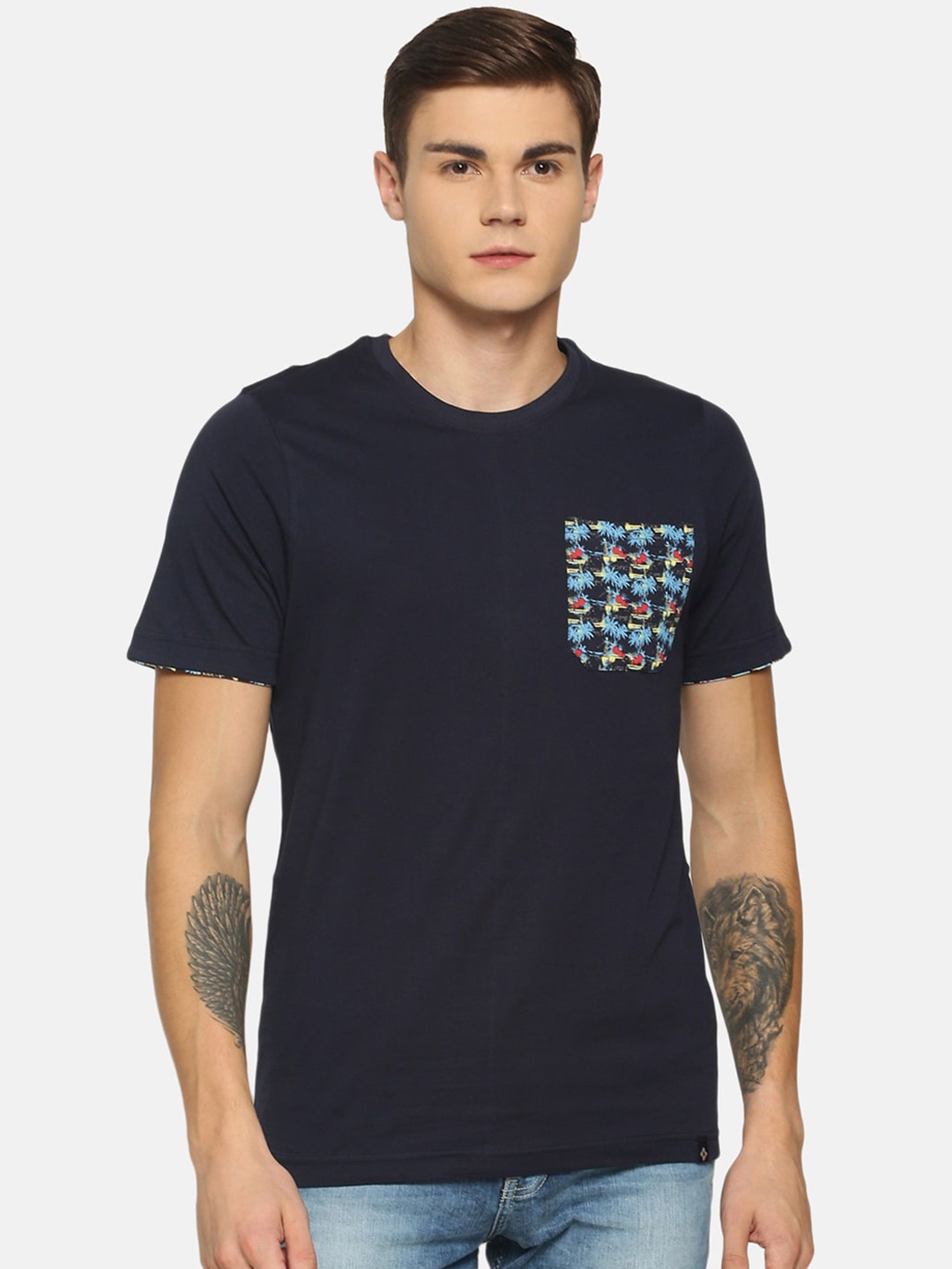 

Dollar Men Navy Blue & Red Printed Round Neck T-shirt