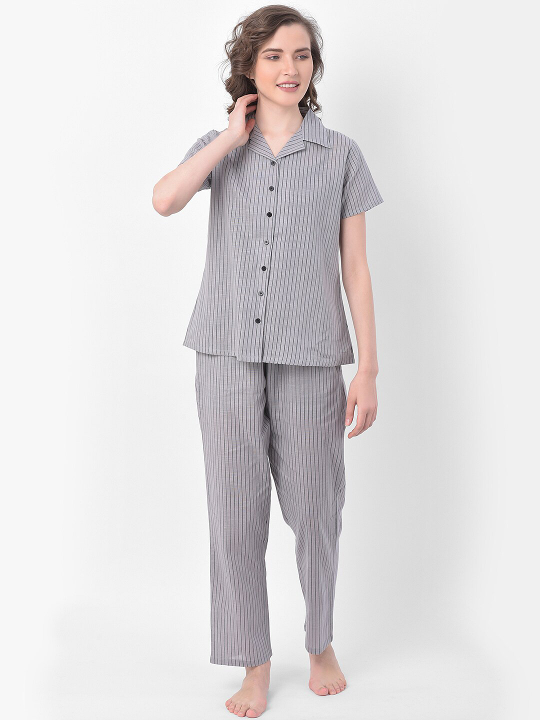 

Clovia Women Grey & Black Striped Night Suit