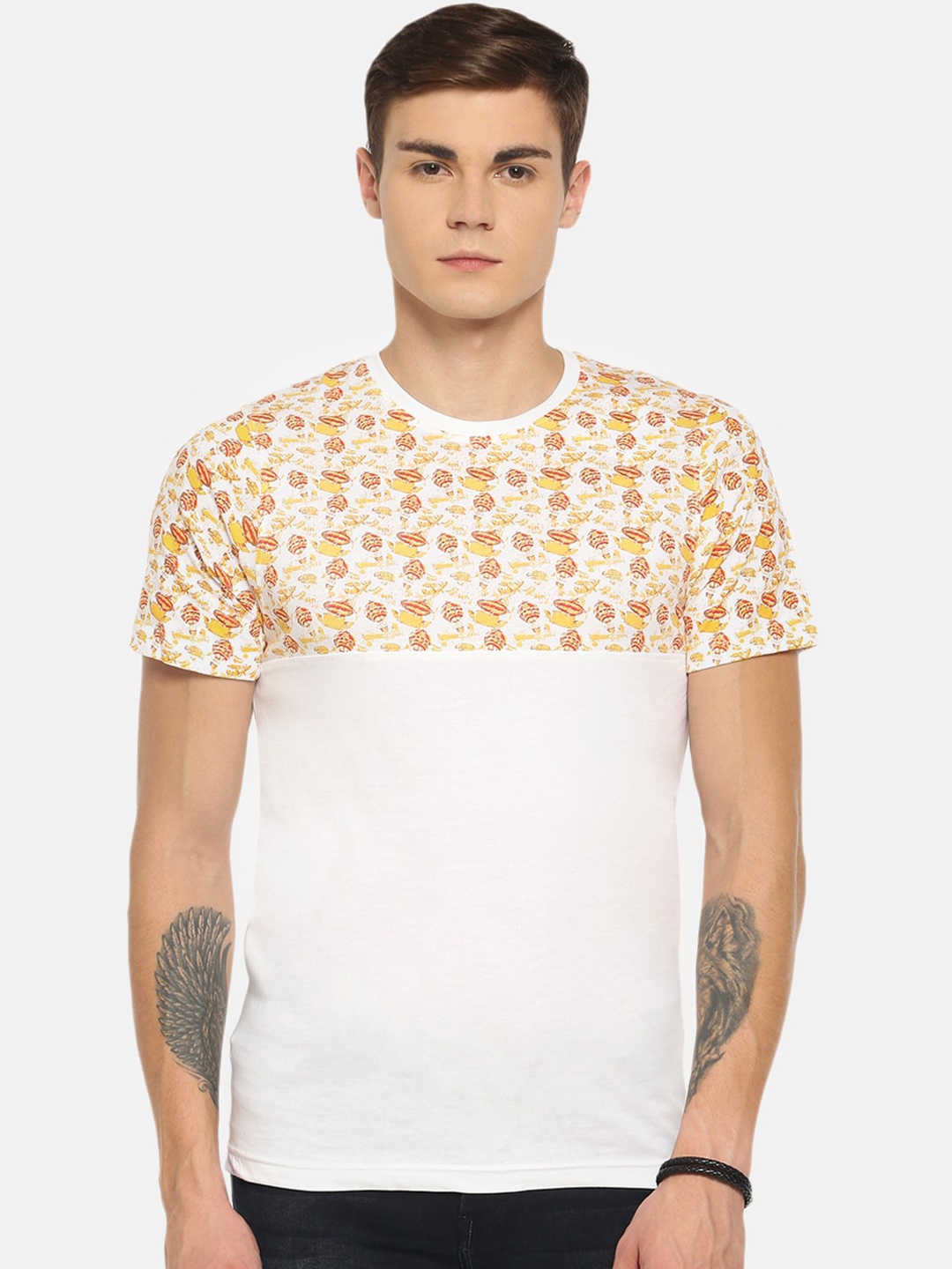 

Dollar Men White & Yellow Printed Round Neck T-shirt