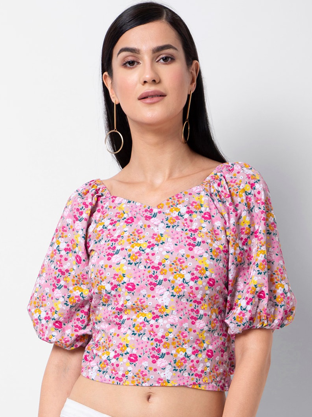 

FabAlley Women Pink Printed Crop Pure Cotton Top