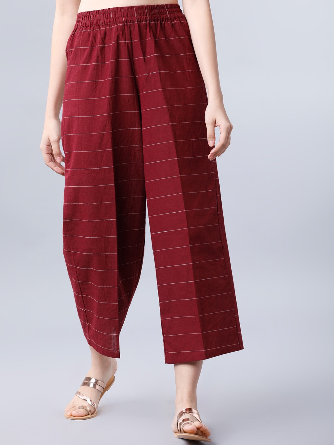 

Vishudh Women Maroon & Off-White Striped Straight Palazzos