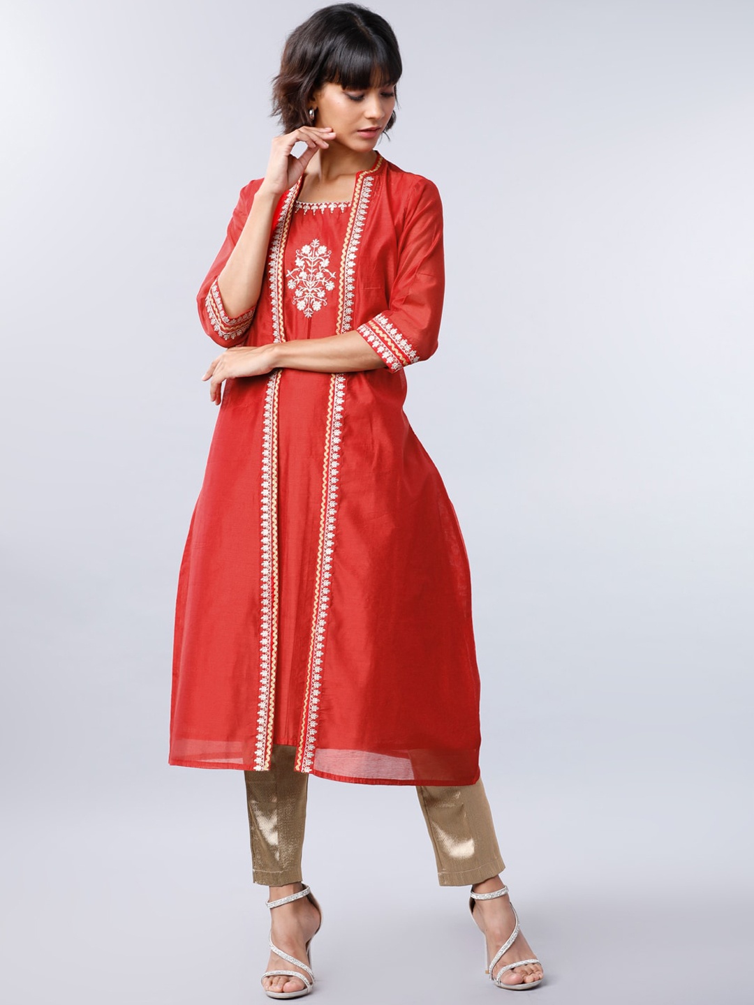 

Vishudh Women Red Embroidered A-Line Kurta