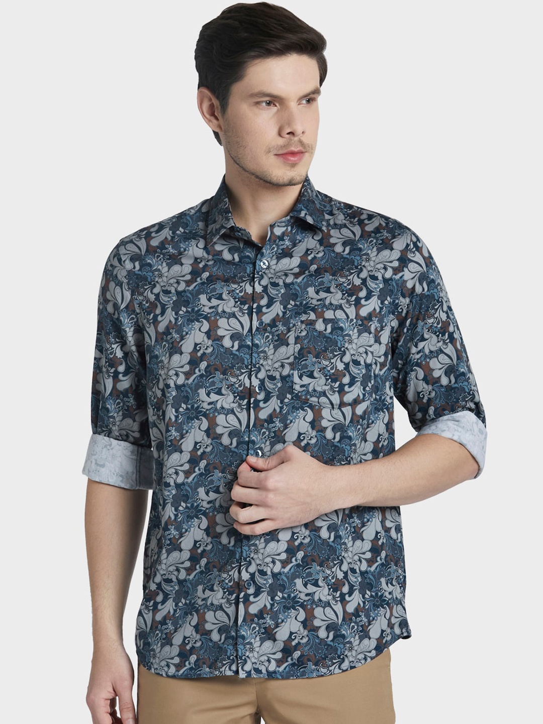 

ColorPlus Men Grey & Navy Blue Slim Fit Printed Casual Shirt