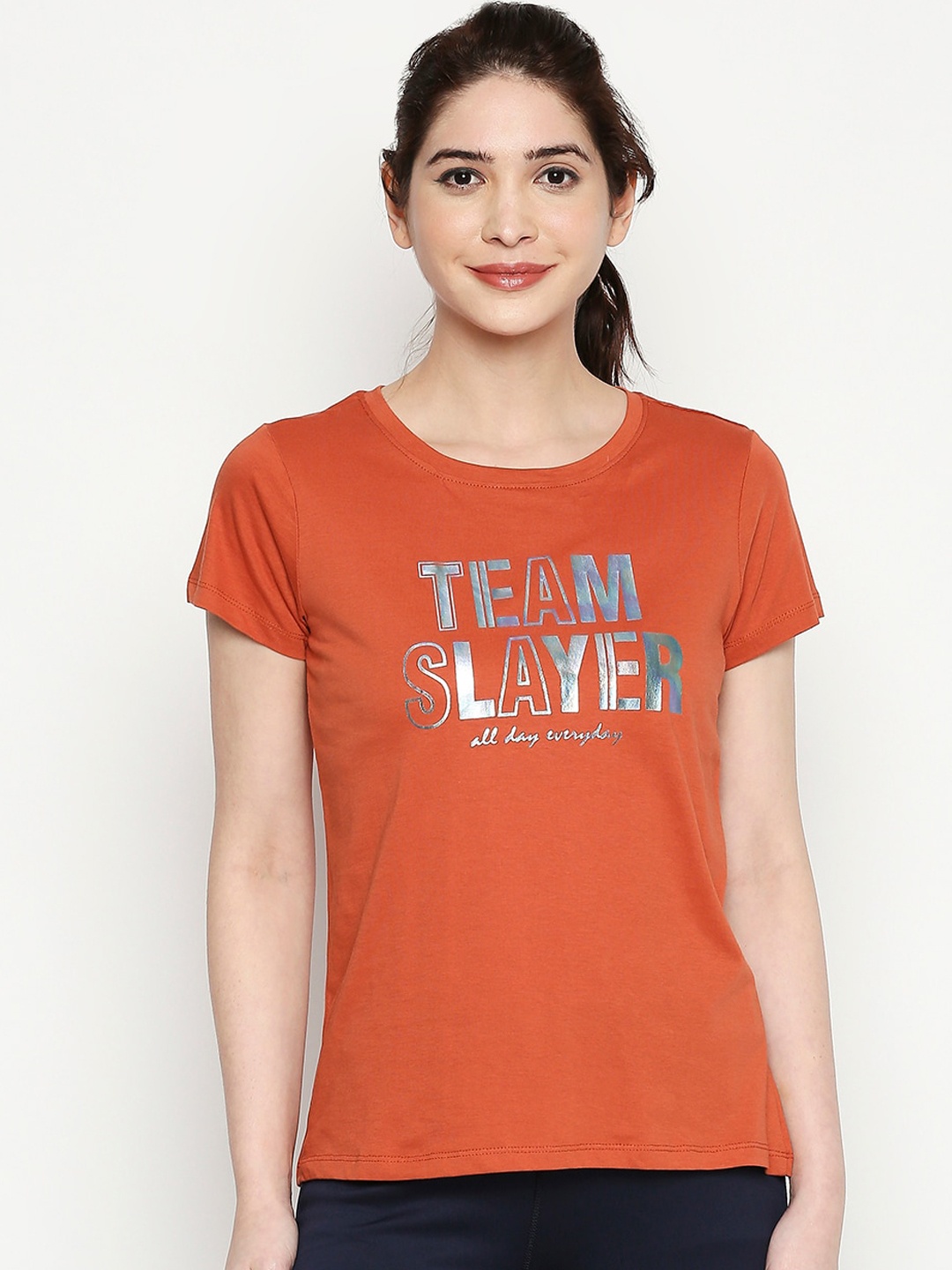 Ajile by Pantaloons Women Rust Orange Printed Round Neck T-shirt