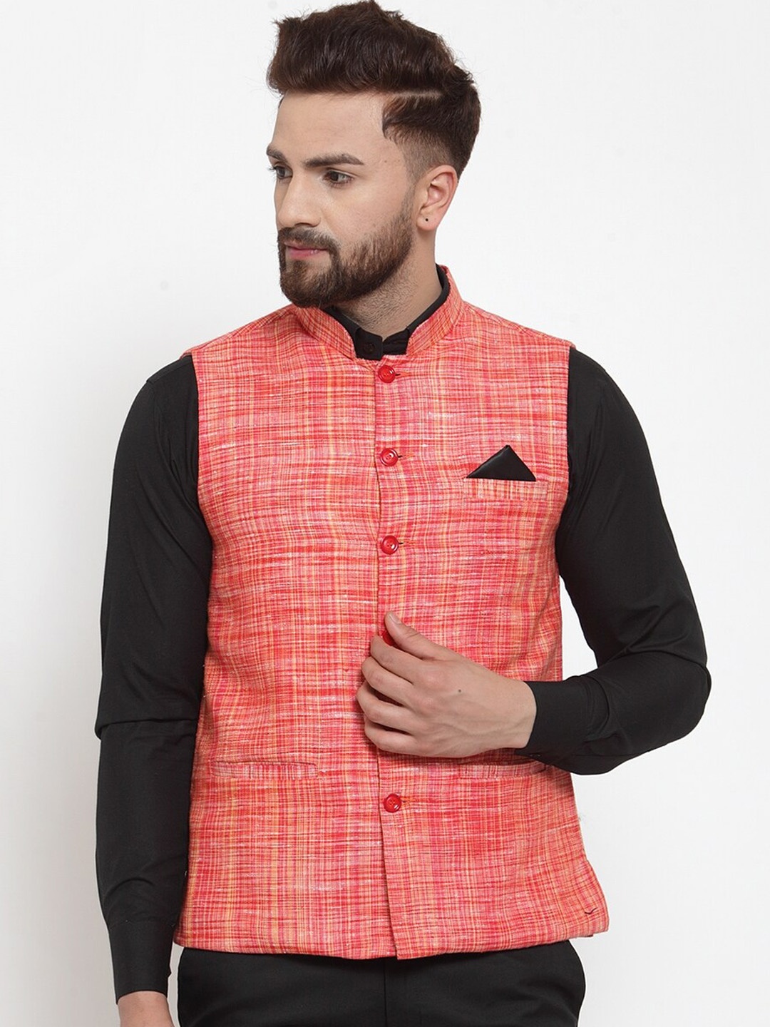 

KLOTTHE Men Red & Orange Checked Pure Cotton Nehru Jacket