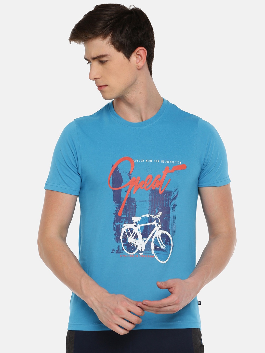 

Dollar Men Blue Printed Round Neck T-shirt