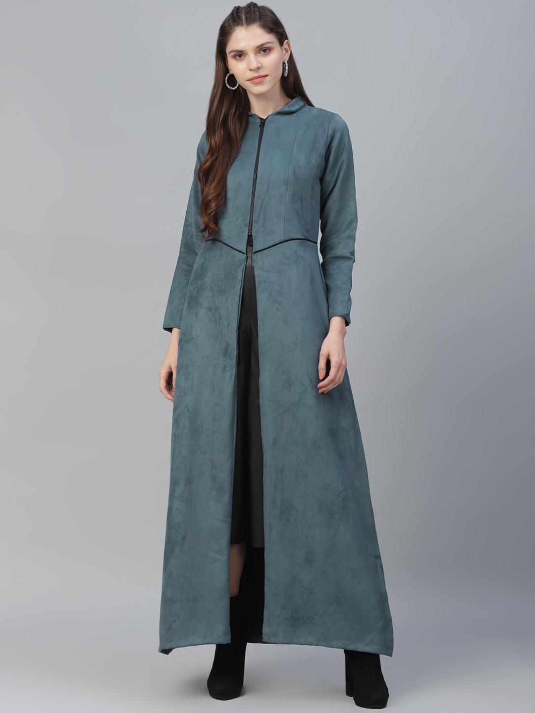 

Athena Women Teal Blue Solid Suede Longline Overcoat