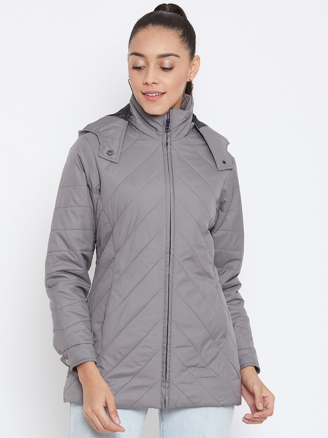 

Spirit Women Grey Solid Windcheater Puffer Jacket