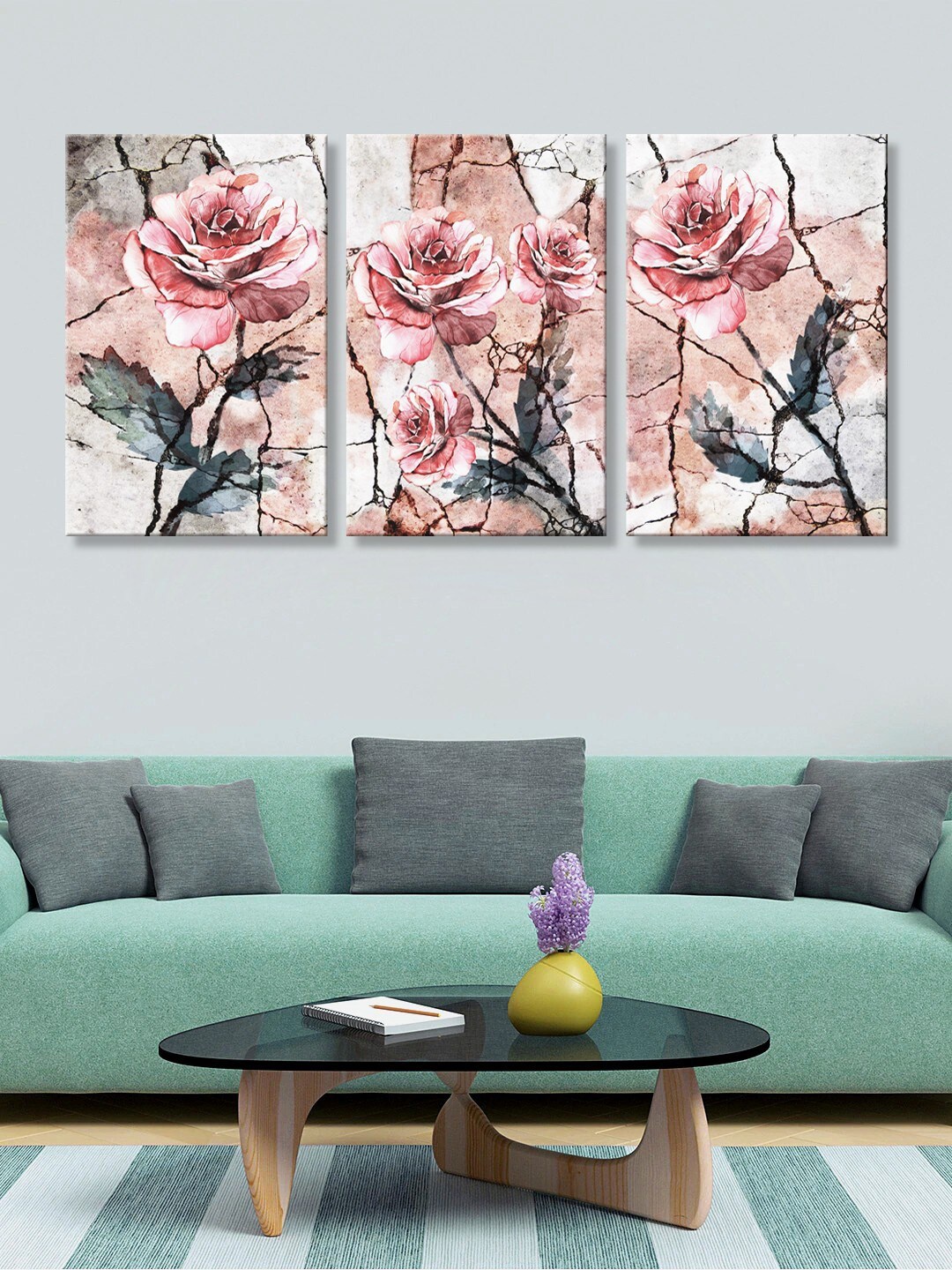 

999Store Set Of 3 Brown & Pink Printed Roses Framed Canvas Wall Art