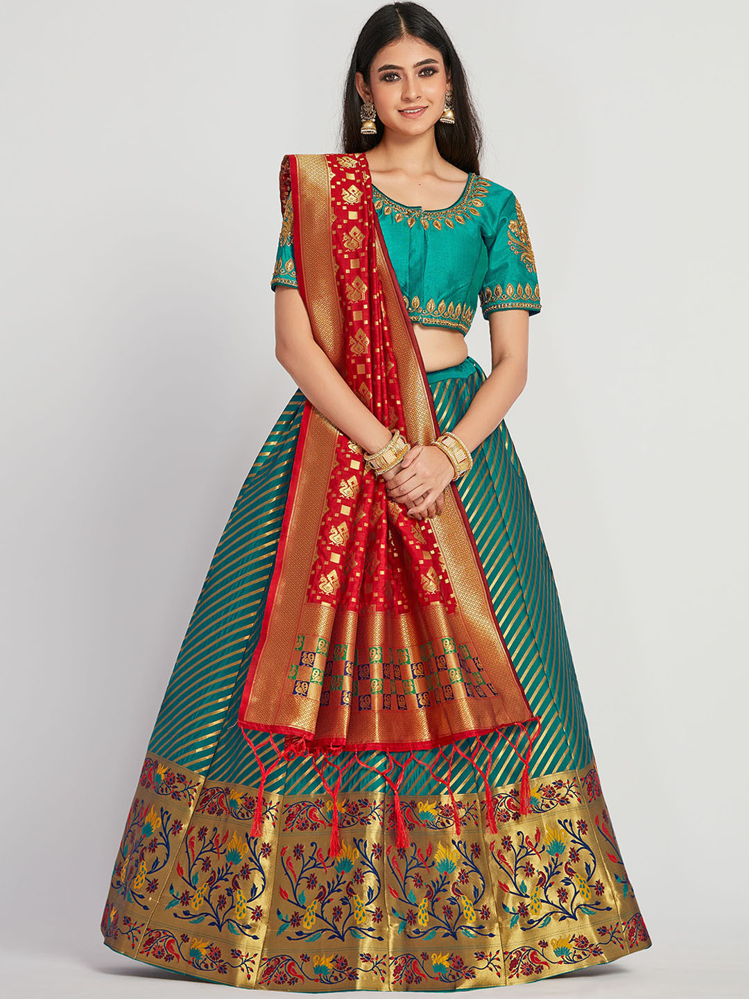 

MIMOSA Green & Red Woven Design Semi-Stitched Lehenga & Blouse with Dupatta
