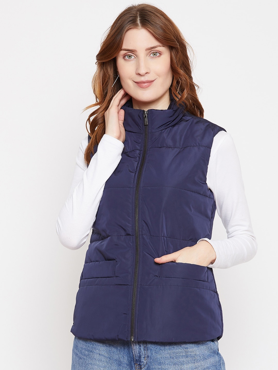 

Octave Women Navy Blue Solid Padded Jacket