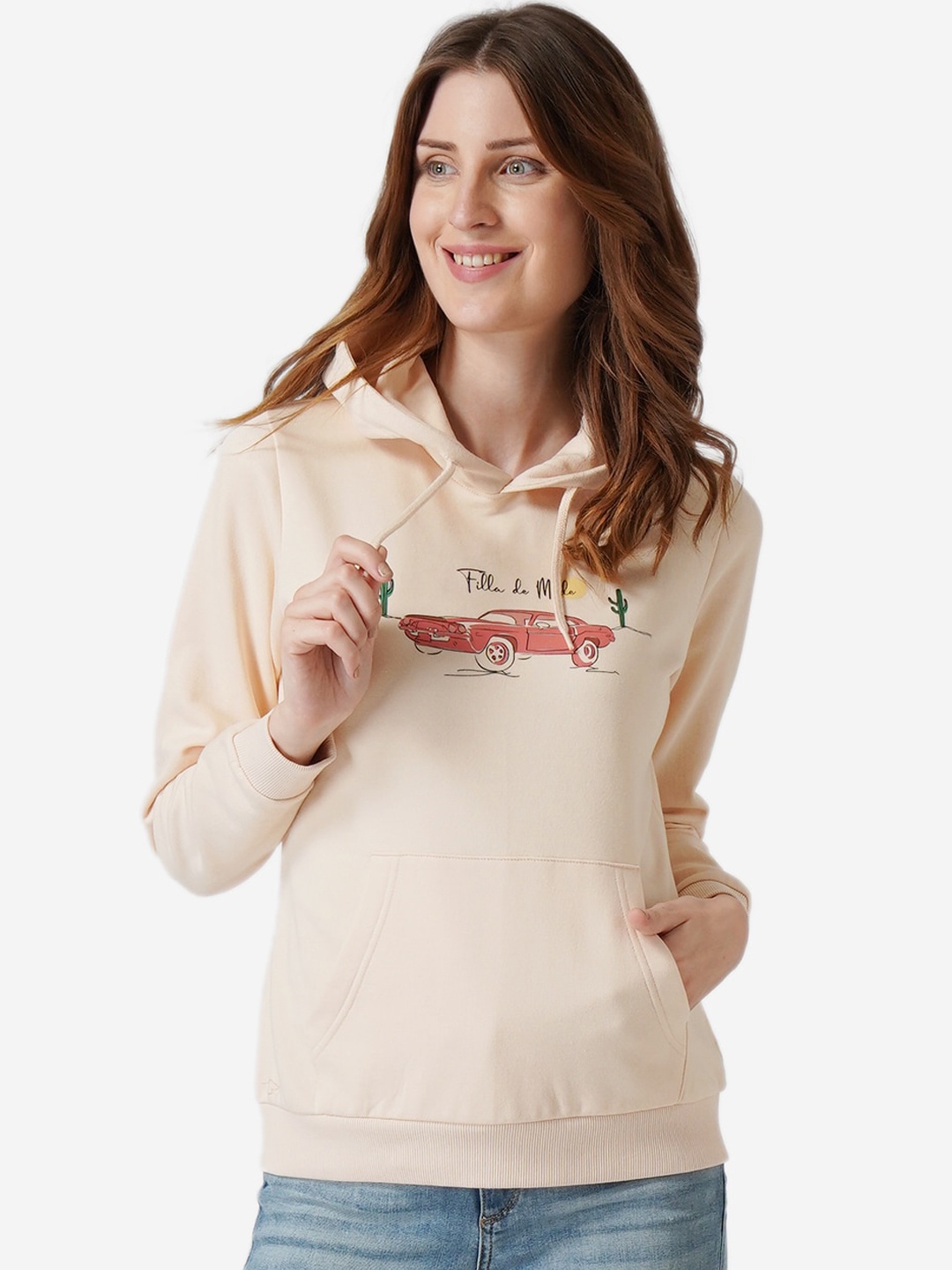 

Mode by Red Tape Women Cream-Coloured Printed Hooded Sweatshirt