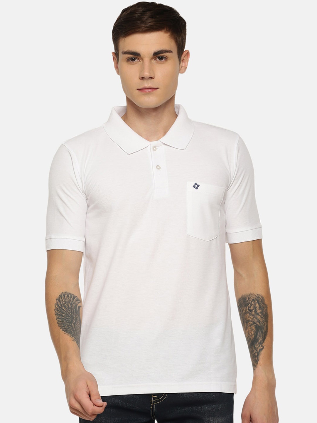 Dollar Men White Solid Polo Collar T-shirt