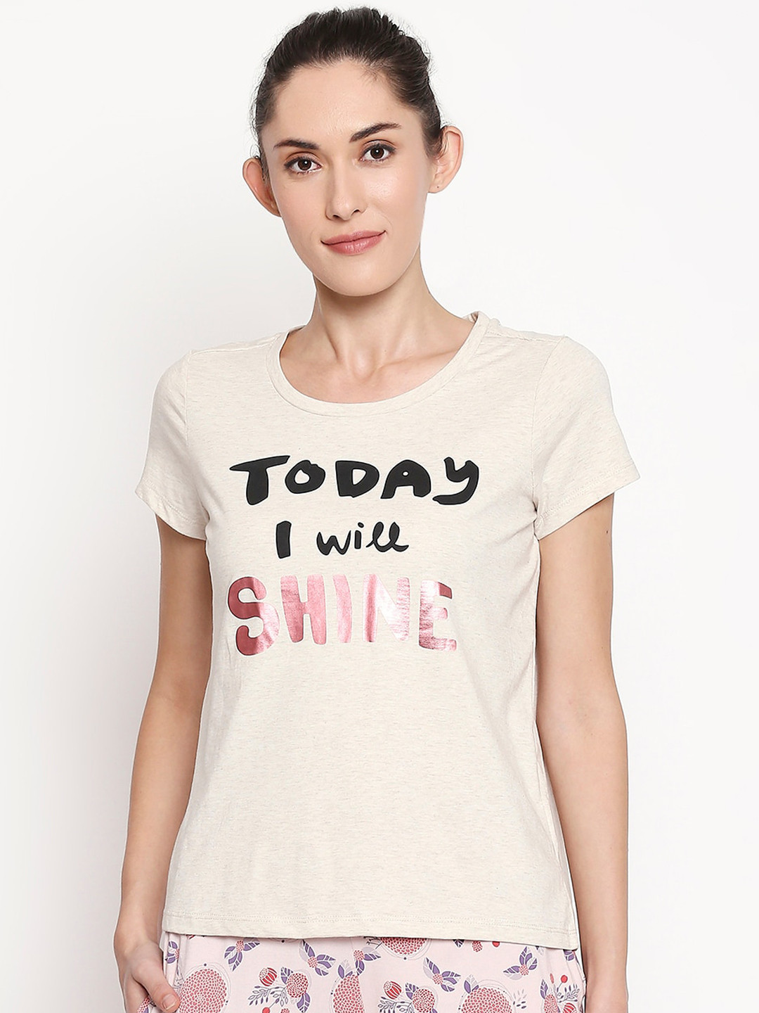 

Dreamz by Pantaloons Women Cream-Coloured Printed Lounge tshirt