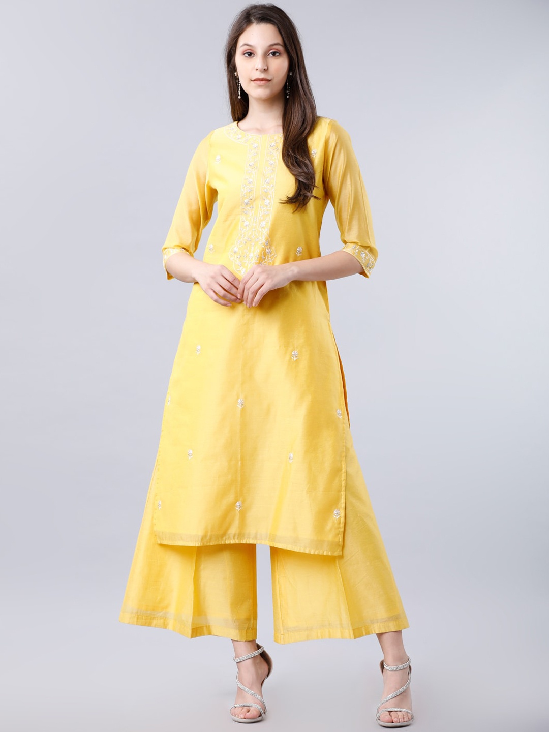 

Vishudh Women Yellow Yoke Design Straight Kurta