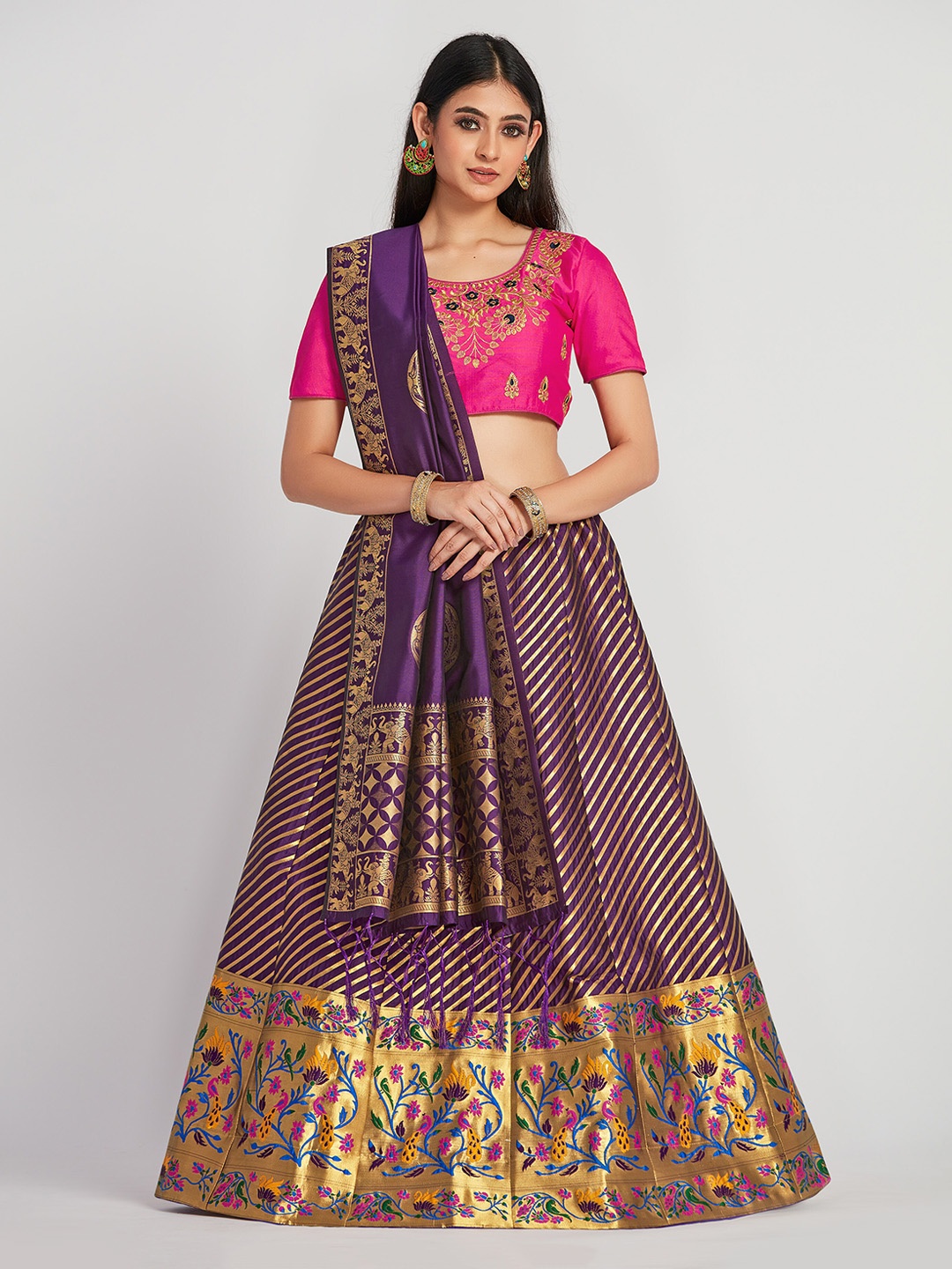 

MIMOSA Purple & Pink Embroidered Semi-Stitched Lehenga & Blouse with Dupatta