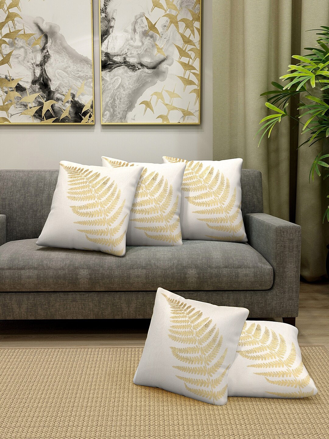 

HOSTA HOMES Cream-Coloured & Gold-Toned Set of 5 Embellished Square Cushion Covers