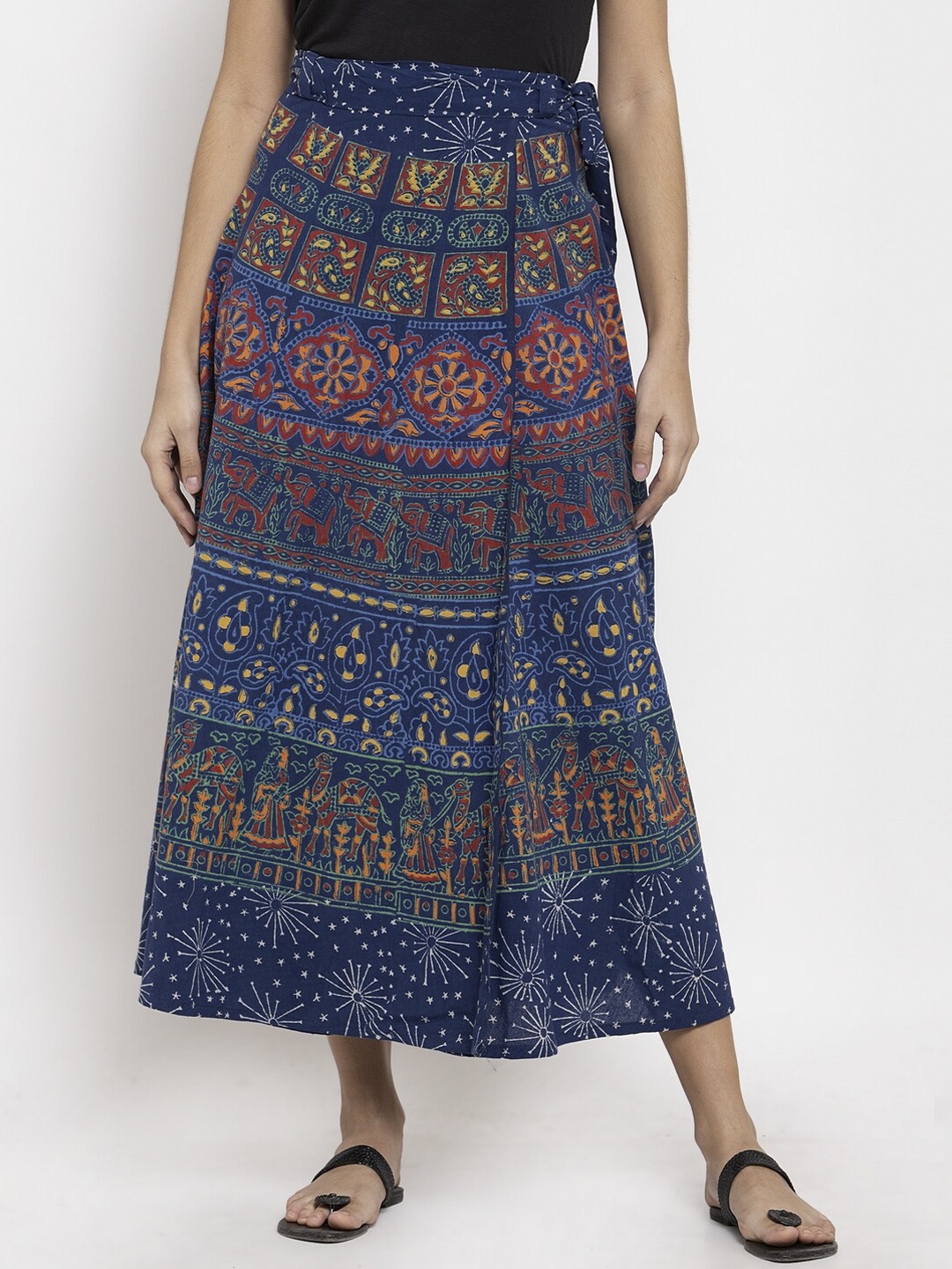 

SOUNDARYA Women Blue & Red Printed Wrap Pure Cotton Skirt