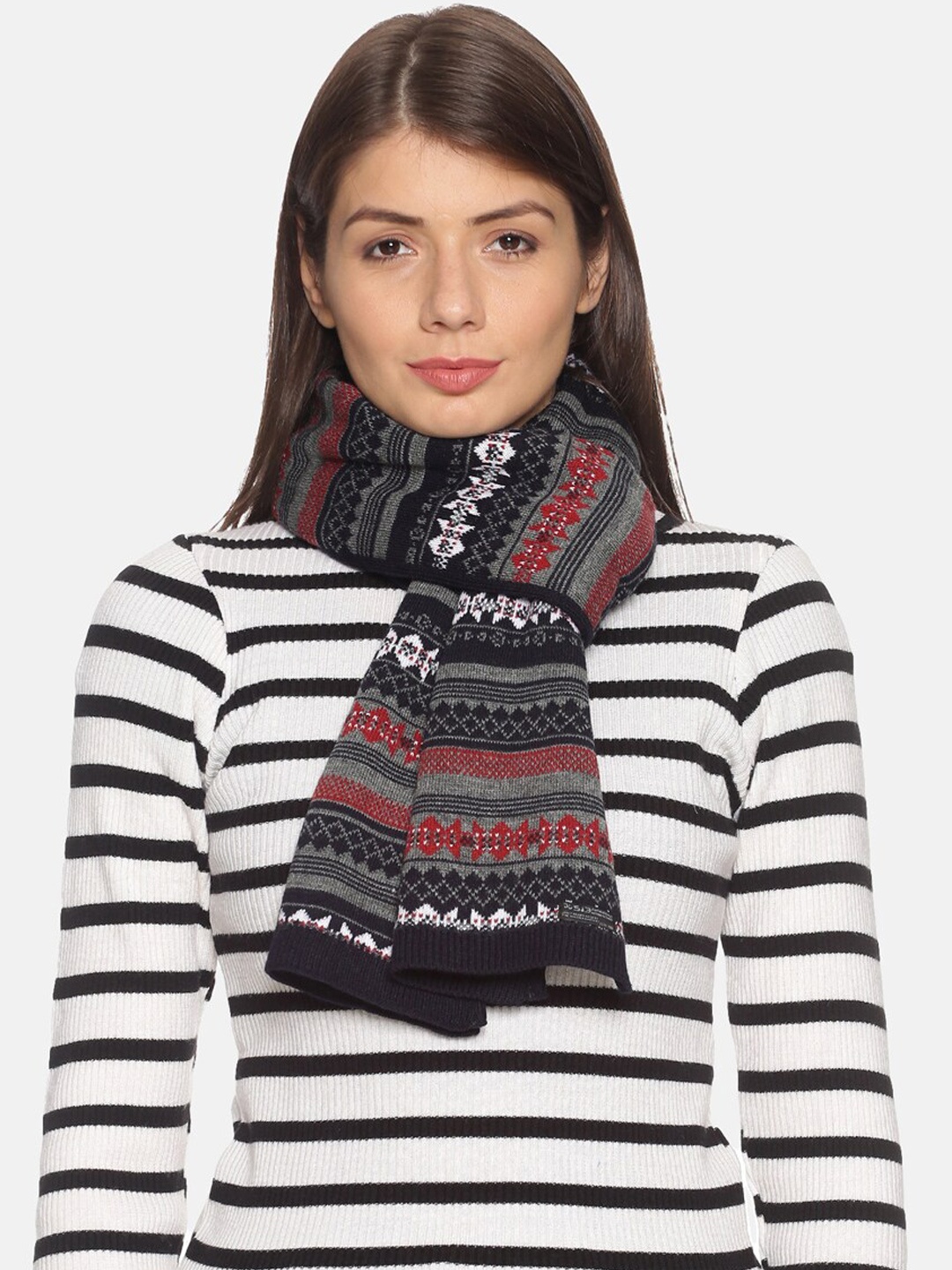 

513 Women Navy Blue & Red Textured Mufflers
