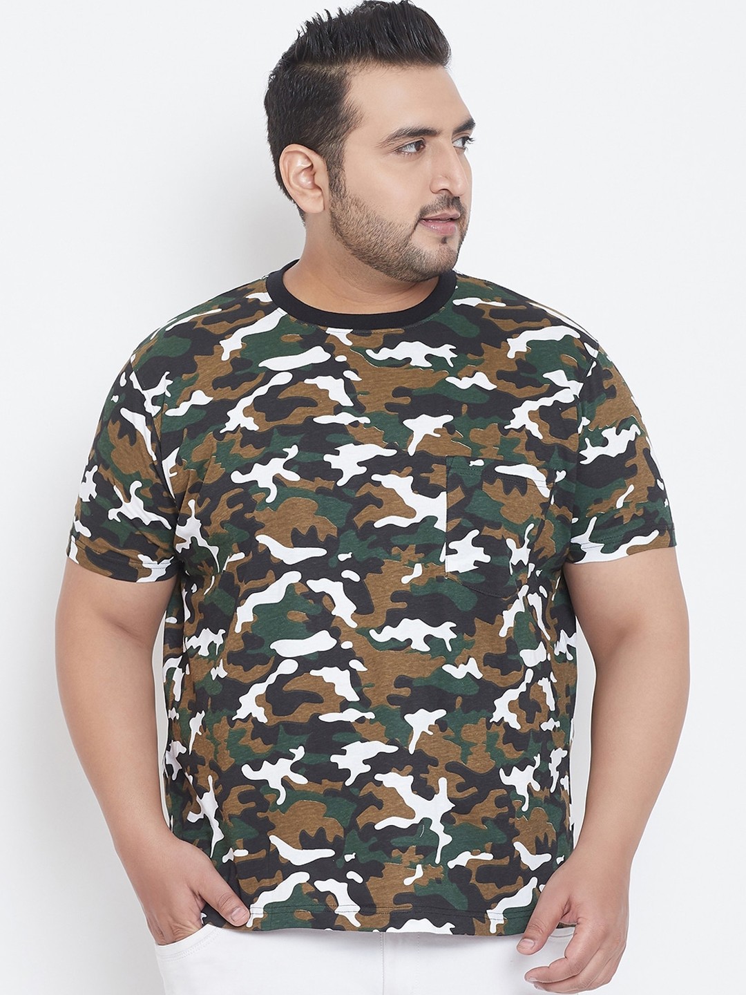 

bigbanana Men Olive Green Camouflage Printed Round Neck Pure Cotton T-shirt