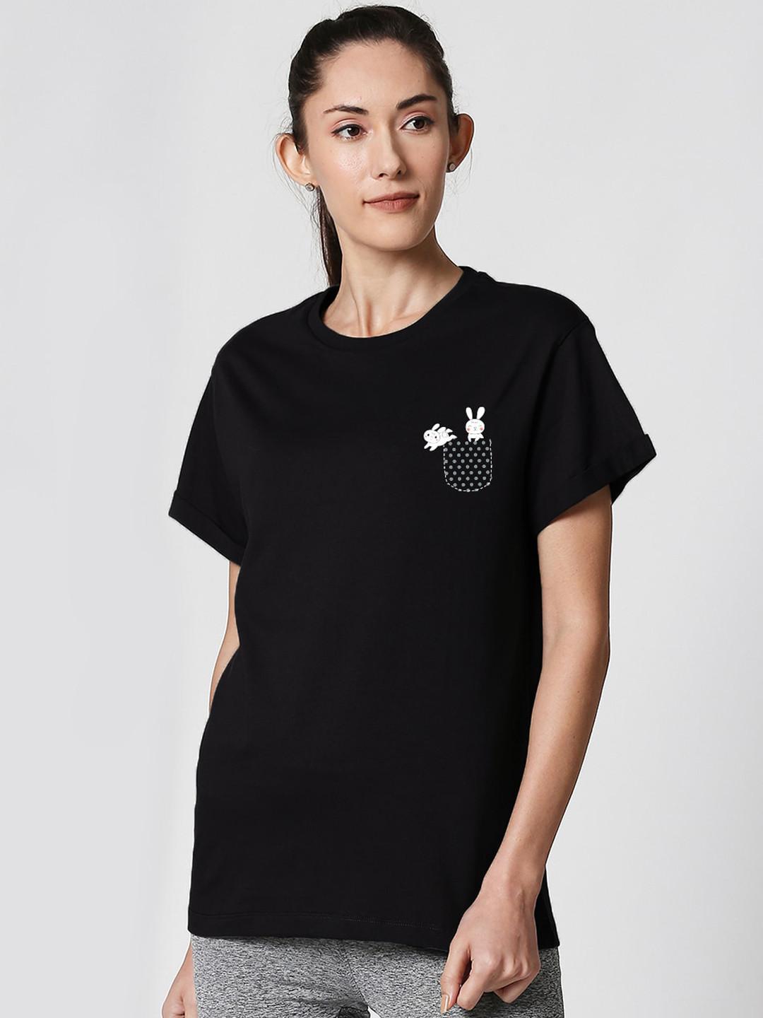 

Bewakoof Women Black Printed Round Neck Boyfriend T-Shirt