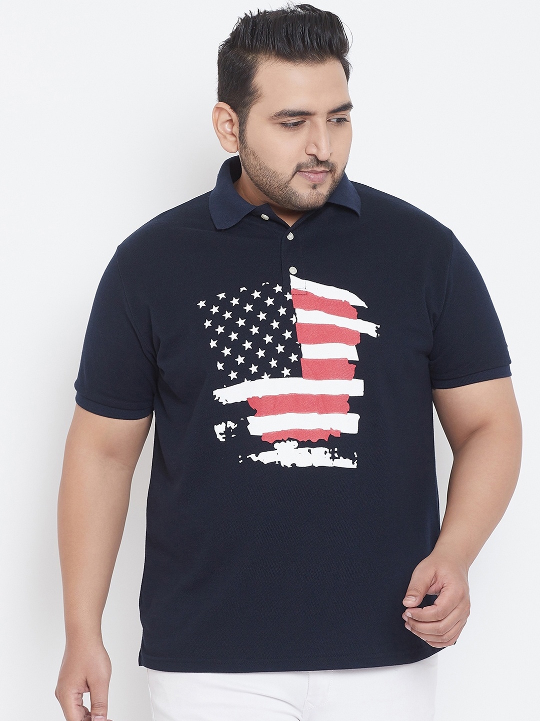 

bigbanana Men Men Plus Size Navy Blue Printed Polo Collar T-shirt