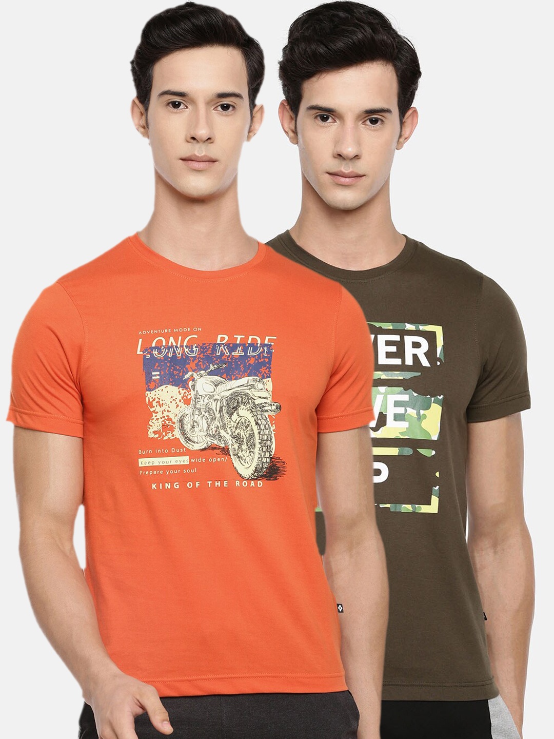 Dollar Men Pack of 2 Printed Round Neck T-shirts, Orange