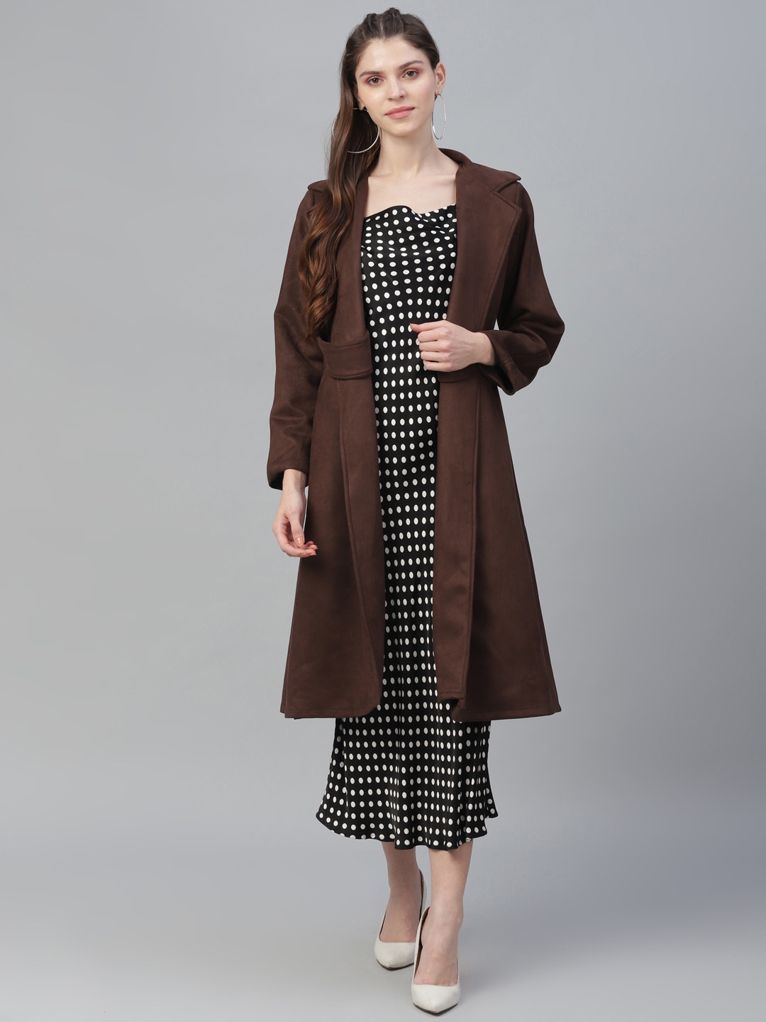 

Athena Women Brown Solid Suede Longline Overcoat
