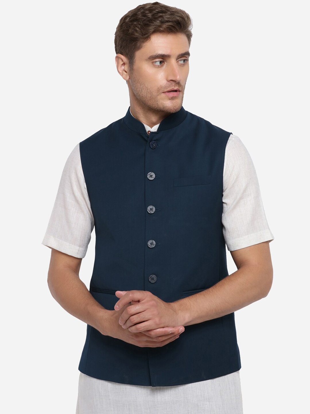

JADE BLUE Men Navy Blue Solid Modi Jacket