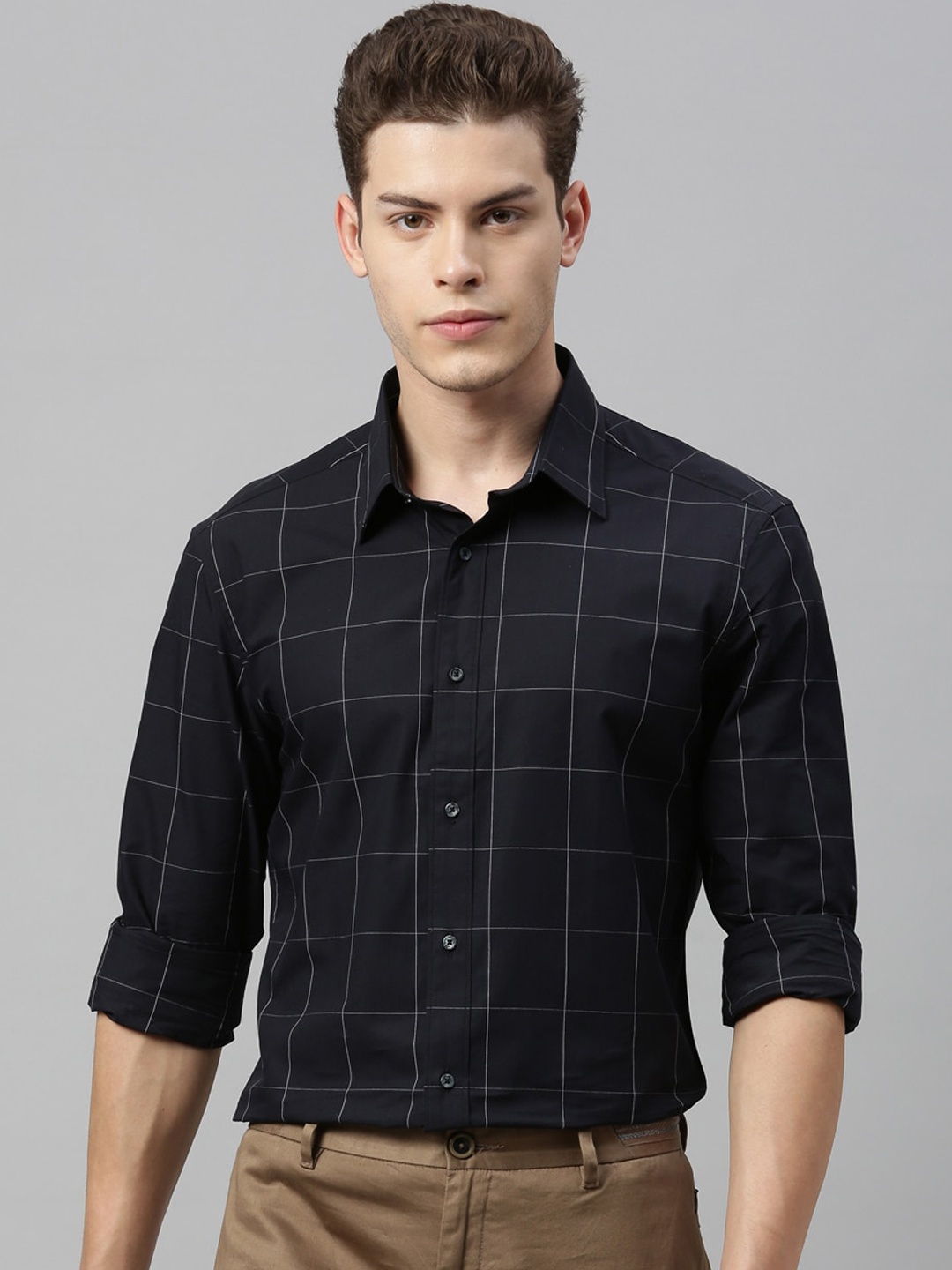 

RARE RABBIT Men Black Tailored Fit Checked Casual Shirt
