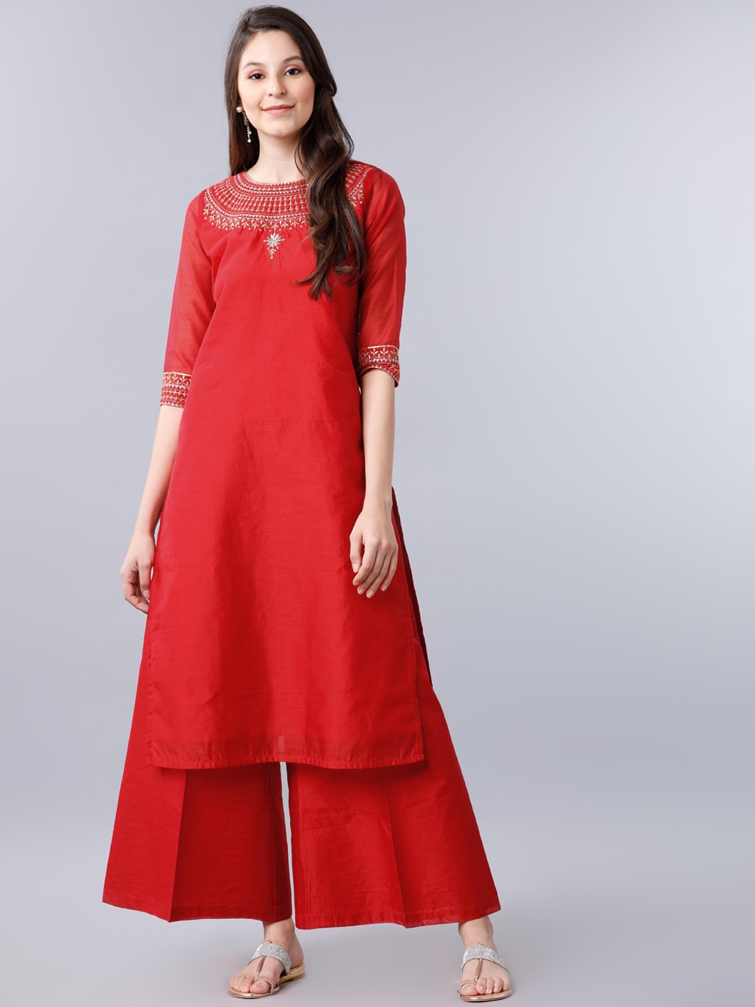 

Vishudh Women Red Yoke Design A-Line Kurta