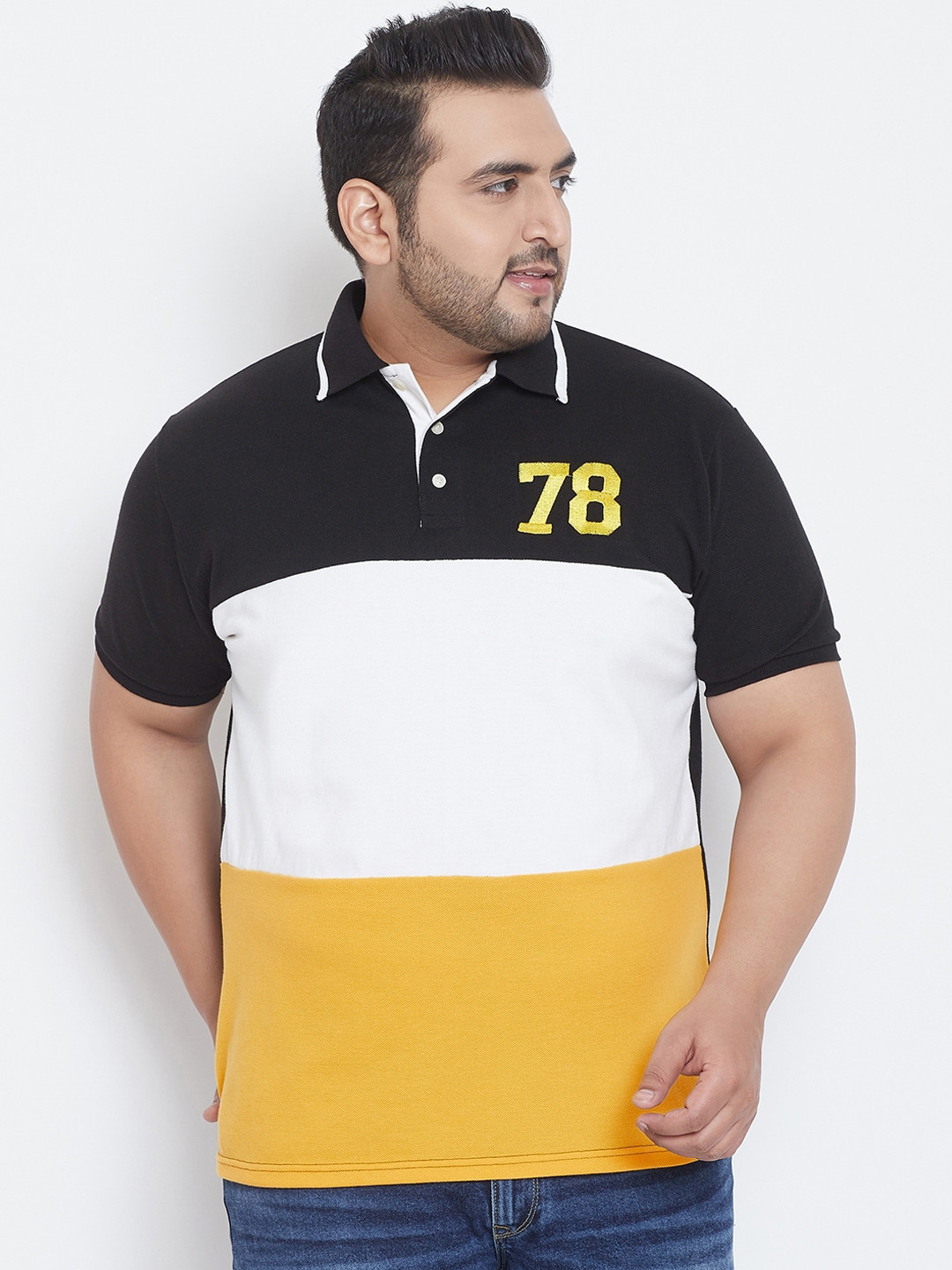 

bigbanana Men Plus Size Yellow & White Colourblocked Polo Collar T-shirt
