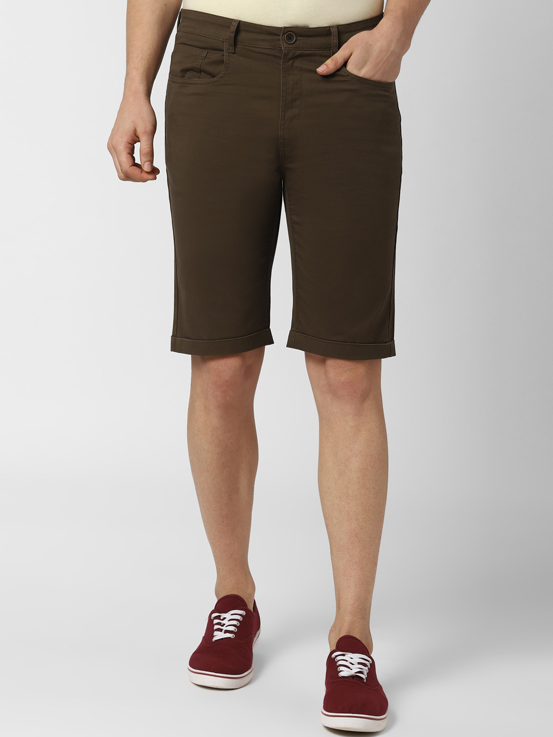 

Peter England Casuals Men Olive Brown Solid Regular Fit Shorts