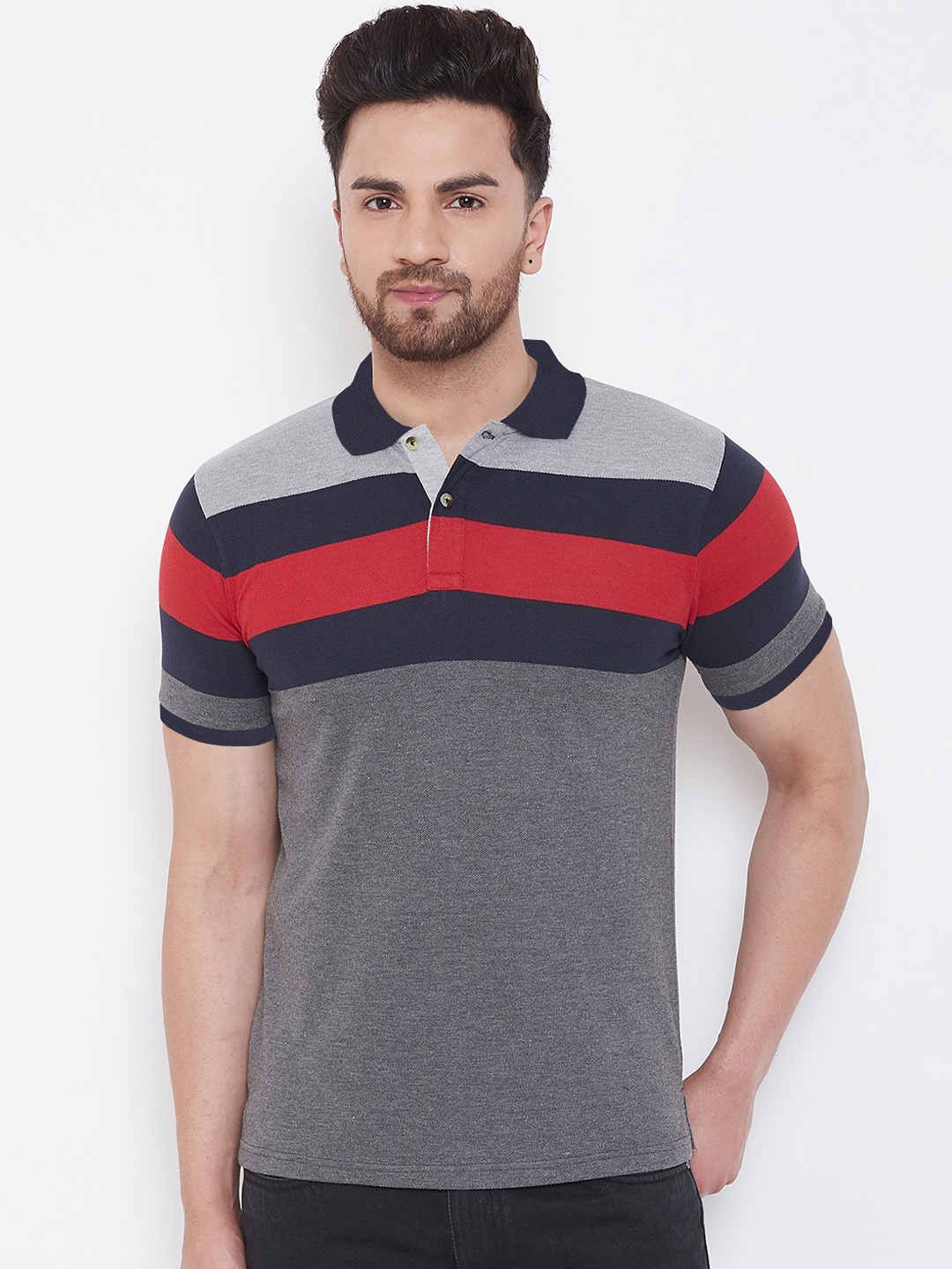 

Austin wood Men Grey Striped Polo Collar T-shirt