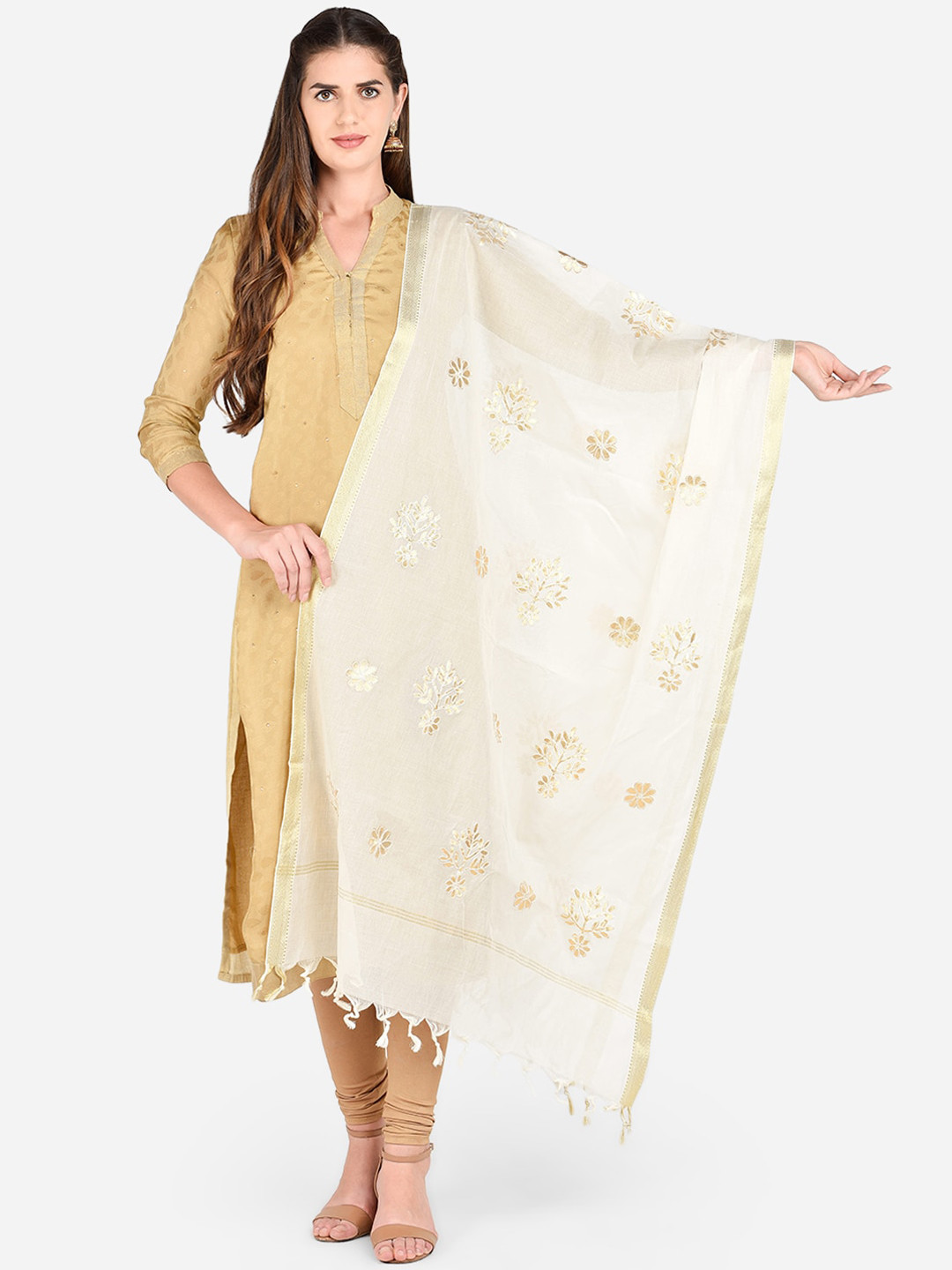 

Dupatta Bazaar Cream-Coloured & Gold-Toned Embroidered Dupatta