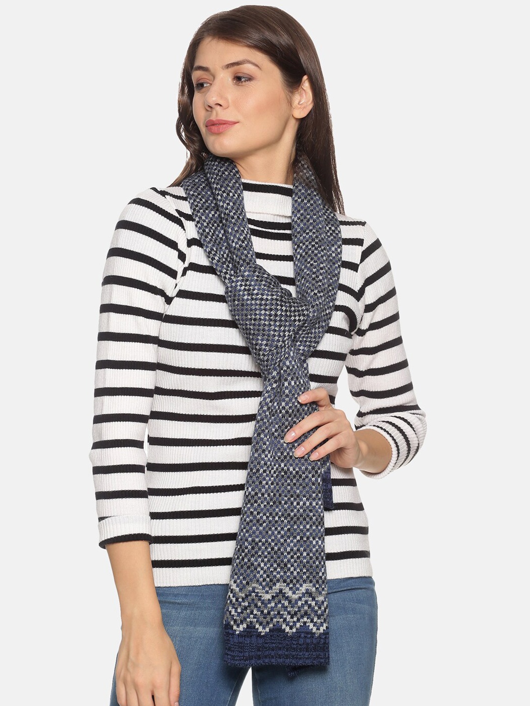 

513 Women Black & White Self-Design Mufflers, Blue