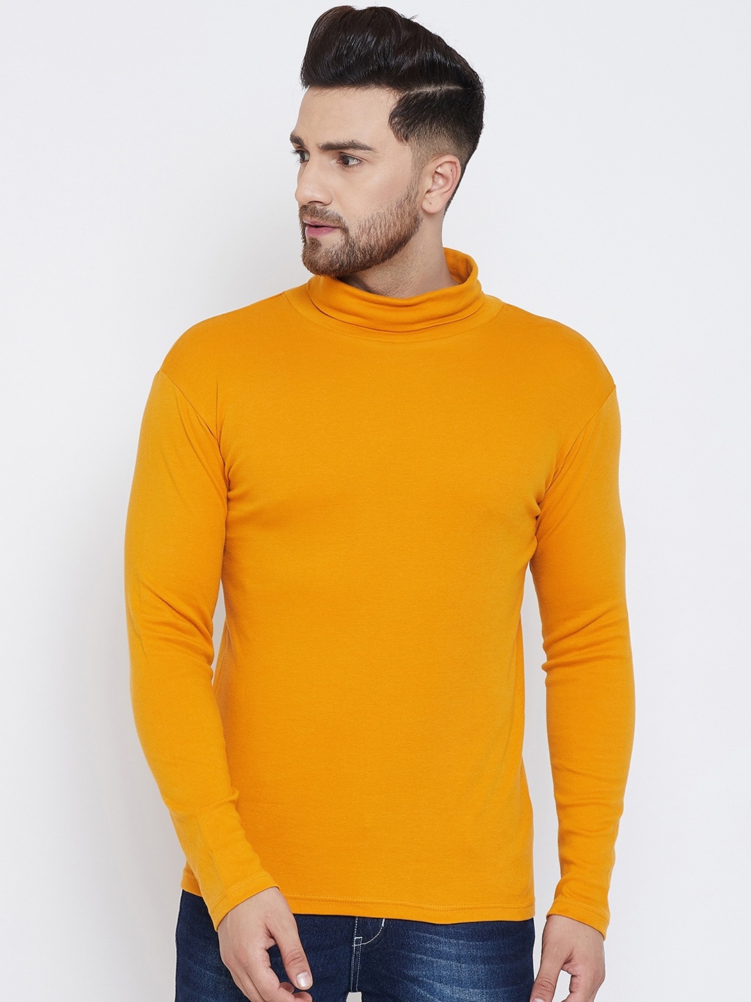 

Hypernation Men Yellow Solid High Neck Pure Cotton T-shirt