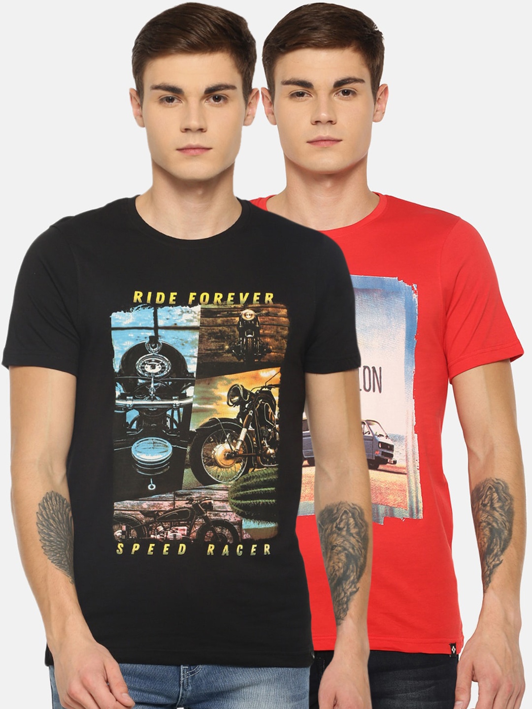

Dollar Men Pack Of 2 Printed Round Neck T-shirts, Black