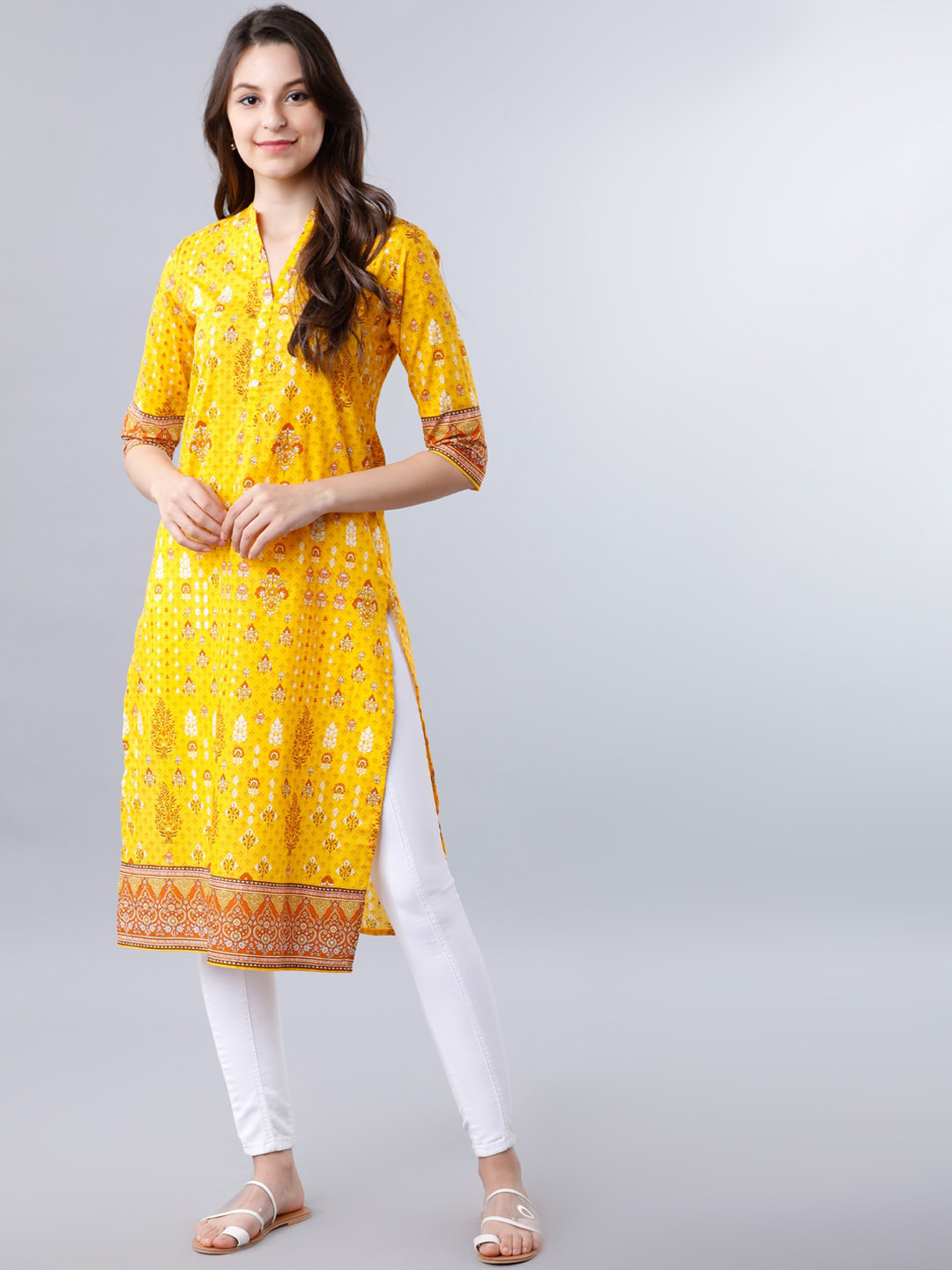 

Vishudh Women Yellow & Orange Printed Straight Kurta