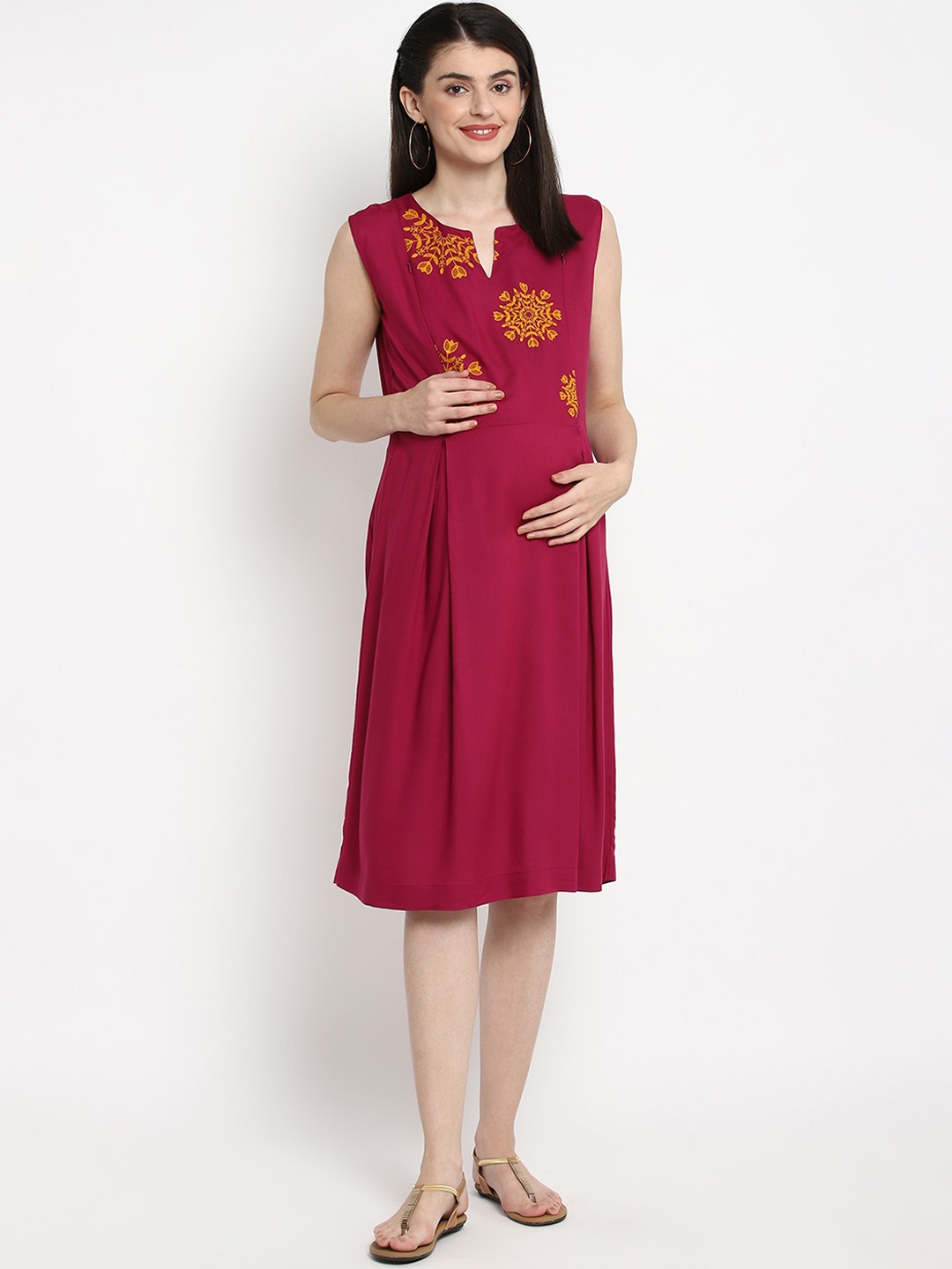 

The Vanca Women Red Embroidered Fit and Flare Maternity Dress