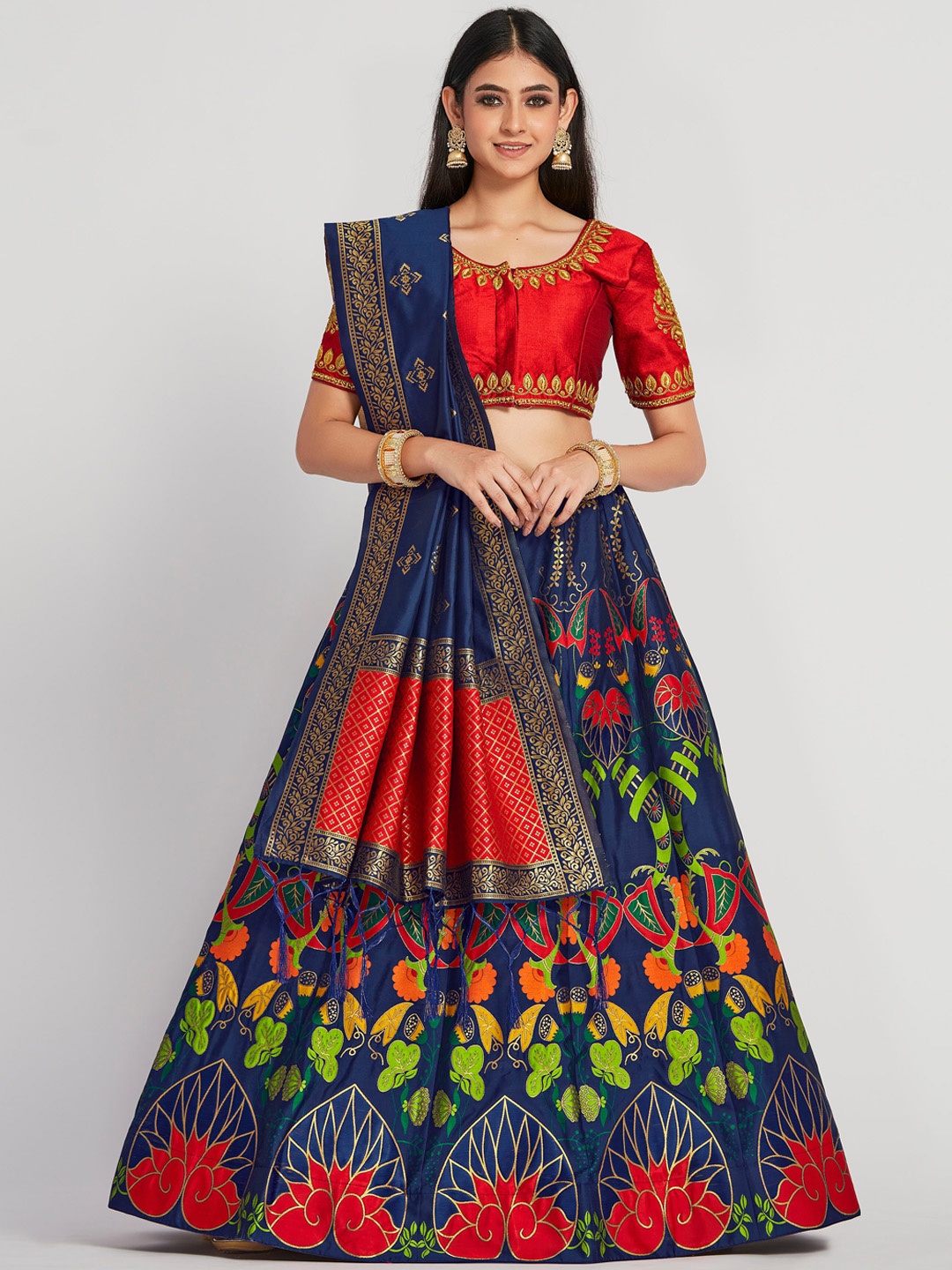

MIMOSA Navy Blue & Red Embroidered Semi-Stitched Lehenga & Blouse with Dupatta