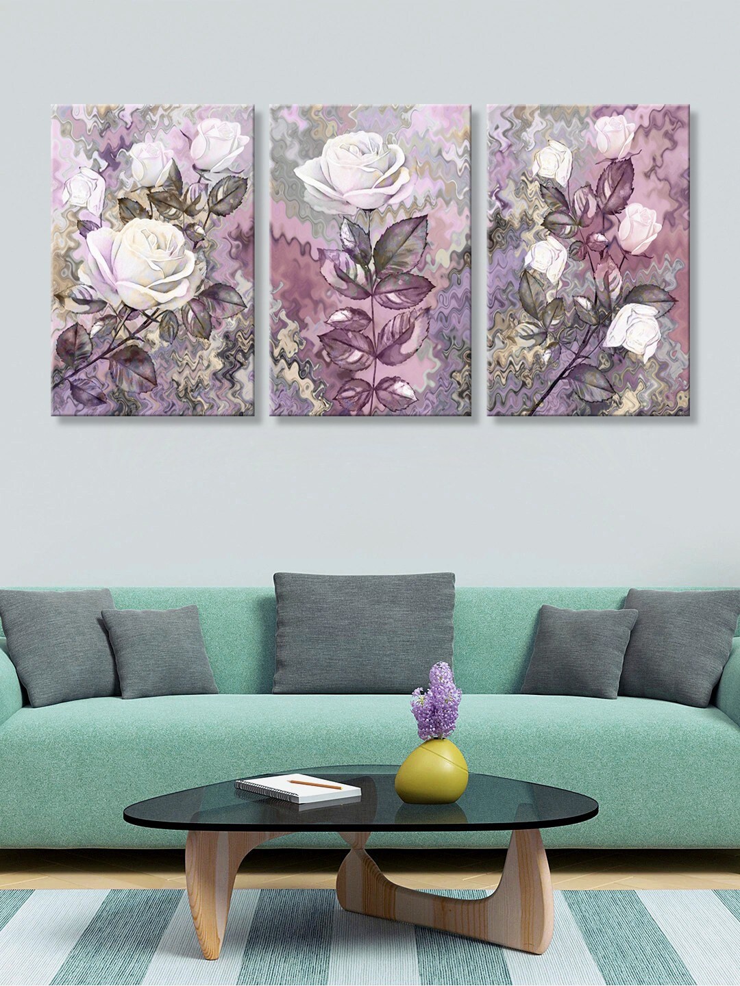 

999Store Set of 3 Purple & White Roses HD Canvas Wall Paintings